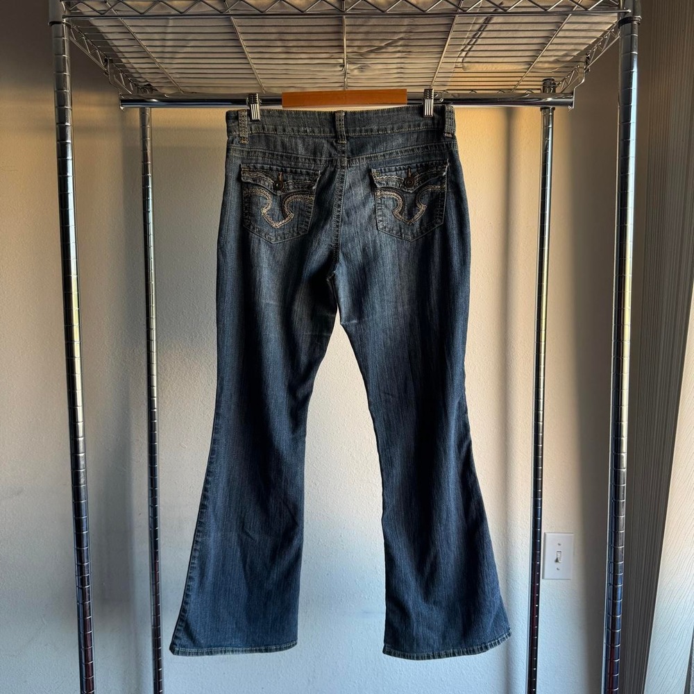 No Boundaries Y2K Flare Jeans Dark Wash Contrast Stitch Low Rise Bootcut 15